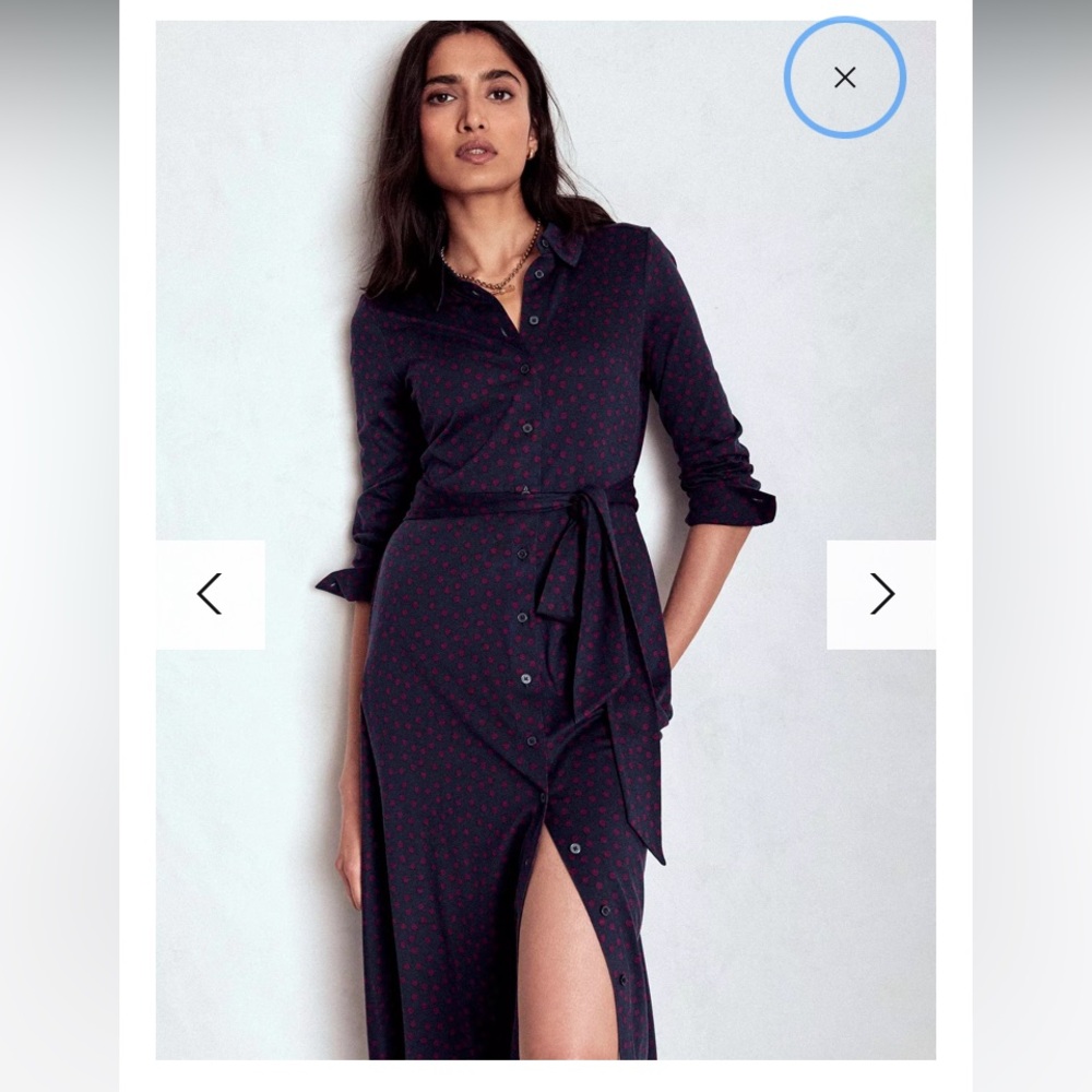 Boden NWT the Marcia jersey shirt dress in Navy with burgundy polka dots size 10